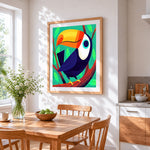 Cartoon tropical toucan cross stitch artwork displayed on wall as home decor