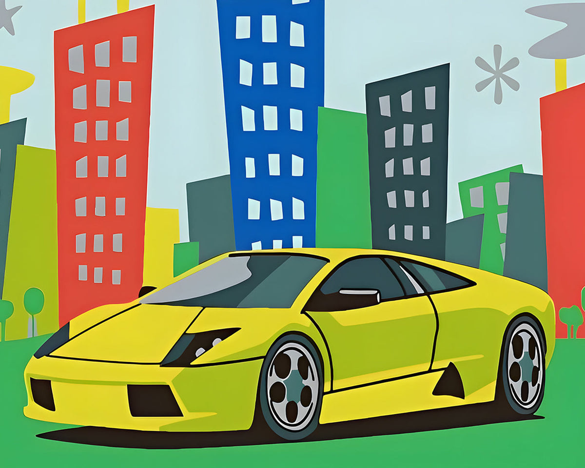 Cartoon yellow sports car in the city cross stitch kit for beginners