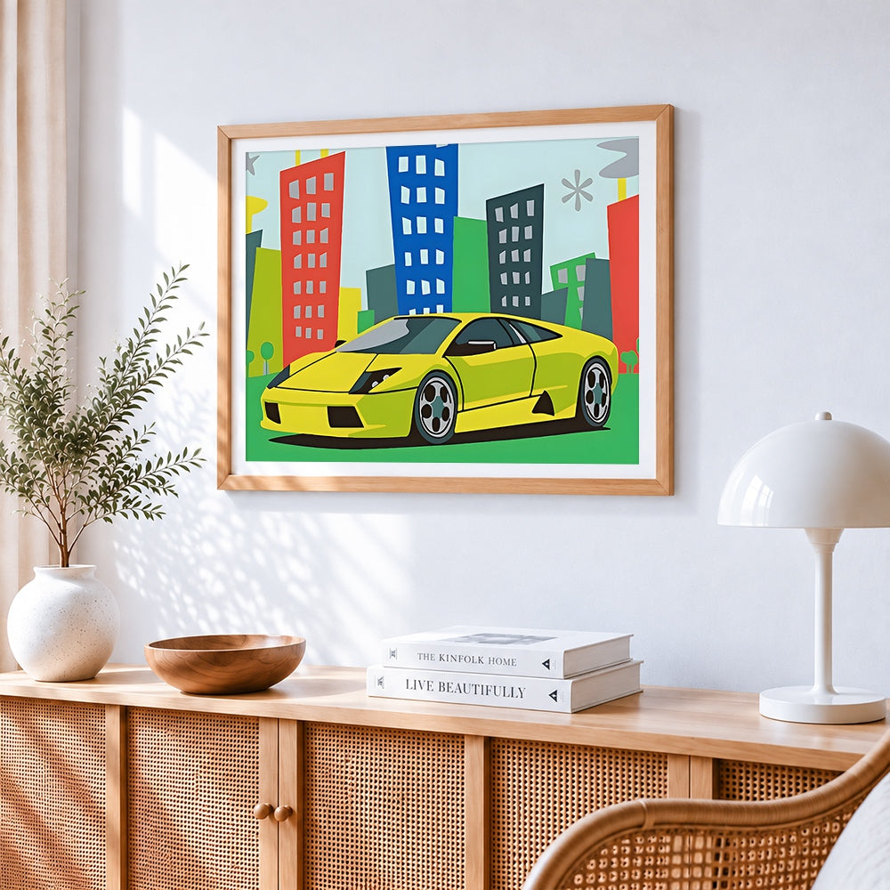 Cartoon yellow sports car in the city cross stitch artwork displayed on wall as home decor