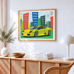 Cartoon yellow sports car in the city cross stitch artwork displayed on wall as home decor