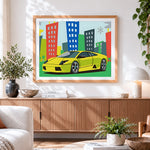 Finished cartoon yellow sports car in the city paint by numbers artwork displayed as home decor
