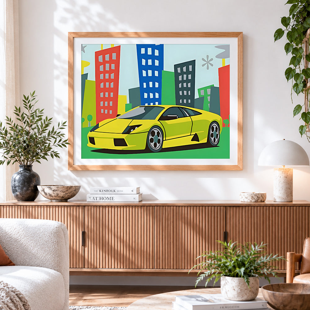 Finished cartoon yellow sports car in the city paint by numbers artwork displayed as home decor