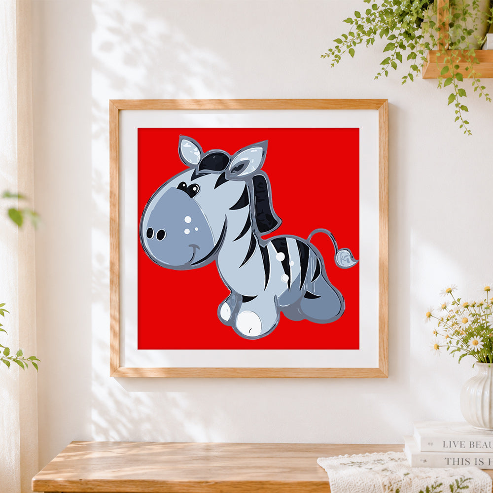 Finished cartoon zebra on red background cross stitch artwork displayed