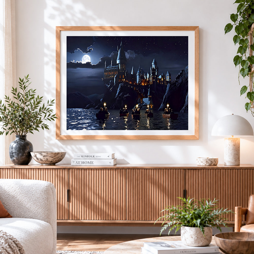 Finished castle at night cross stitch artwork displayed