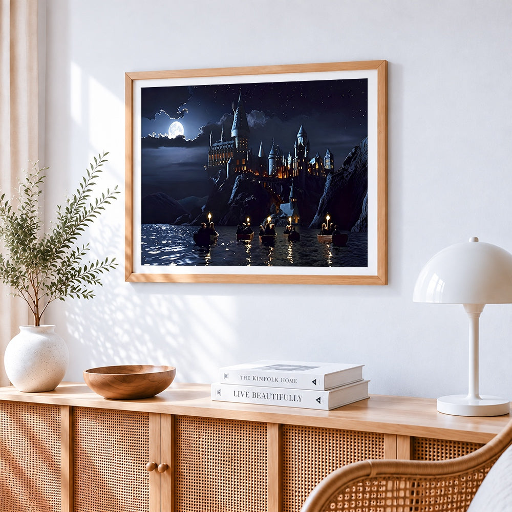Castle at night cross stitch artwork displayed on wall as home decor