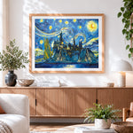 Finished castle in van gogh style cross stitch artwork displayed