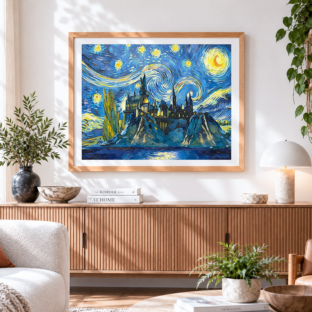 Finished castle in van gogh style cross stitch artwork displayed