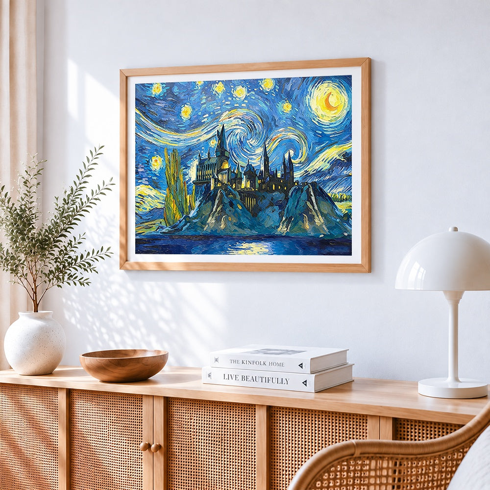 Castle in van gogh style cross stitch artwork displayed on wall as home decor