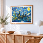 Castle in van gogh style cross stitch artwork displayed on wall as home decor