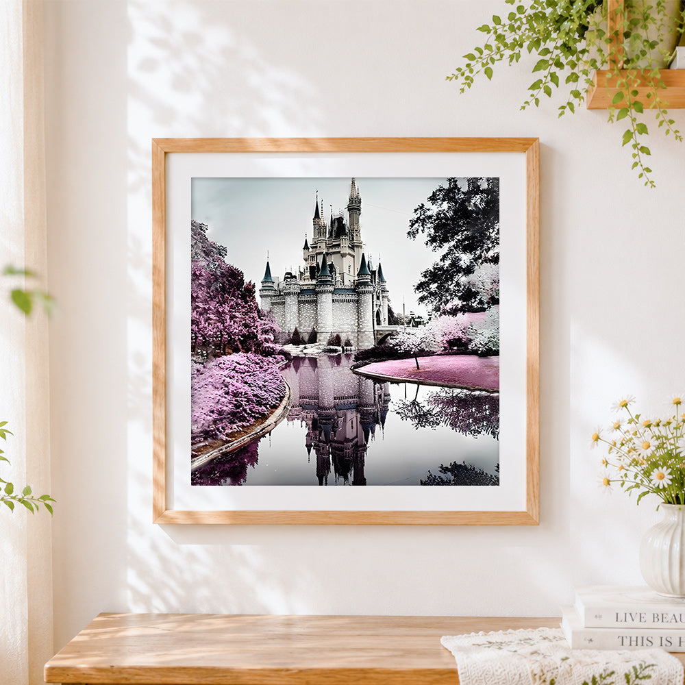 Finished castle reflection cross stitch artwork displayed