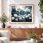 Finished castle with white roses by a lake paint by numbers artwork displayed as home decor