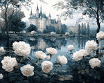 Castle with white roses by a lake paint by numbers kit for beginners