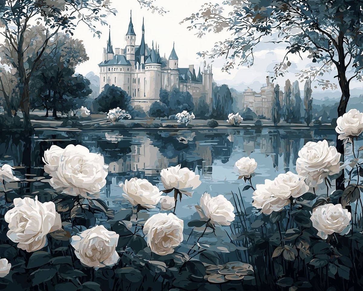 Castle with white roses by a lake paint by numbers kit for beginners