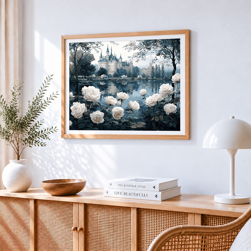 Castle with white roses by a lake paint by numbers artwork displayed on wall as home decor