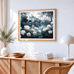 Castle with white roses by a lake paint by numbers artwork displayed on wall as home decor