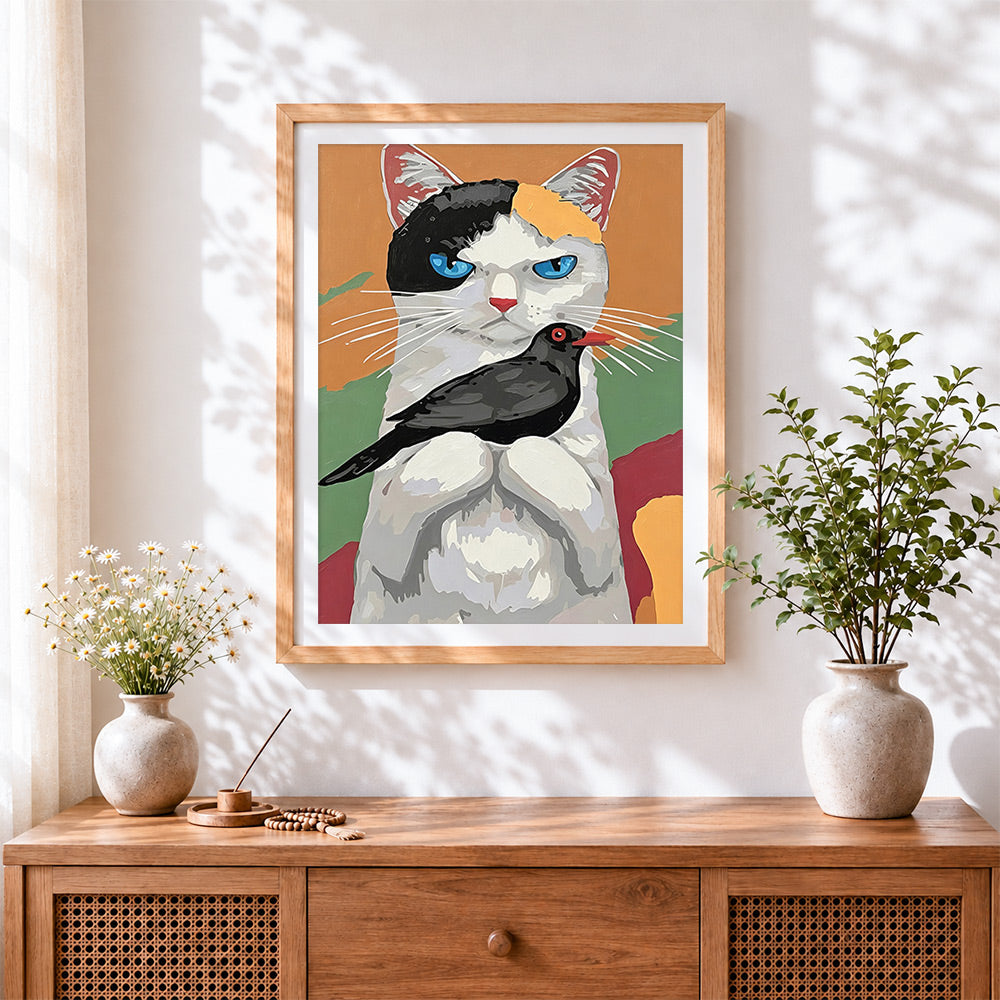 Finished cat and blackbird cross stitch artwork displayed