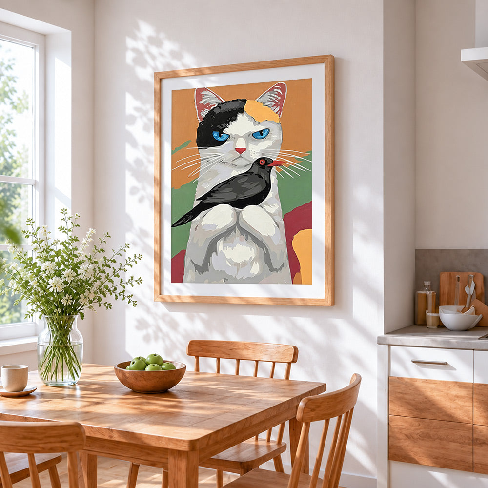 Cat and blackbird cross stitch artwork displayed on wall as home decor