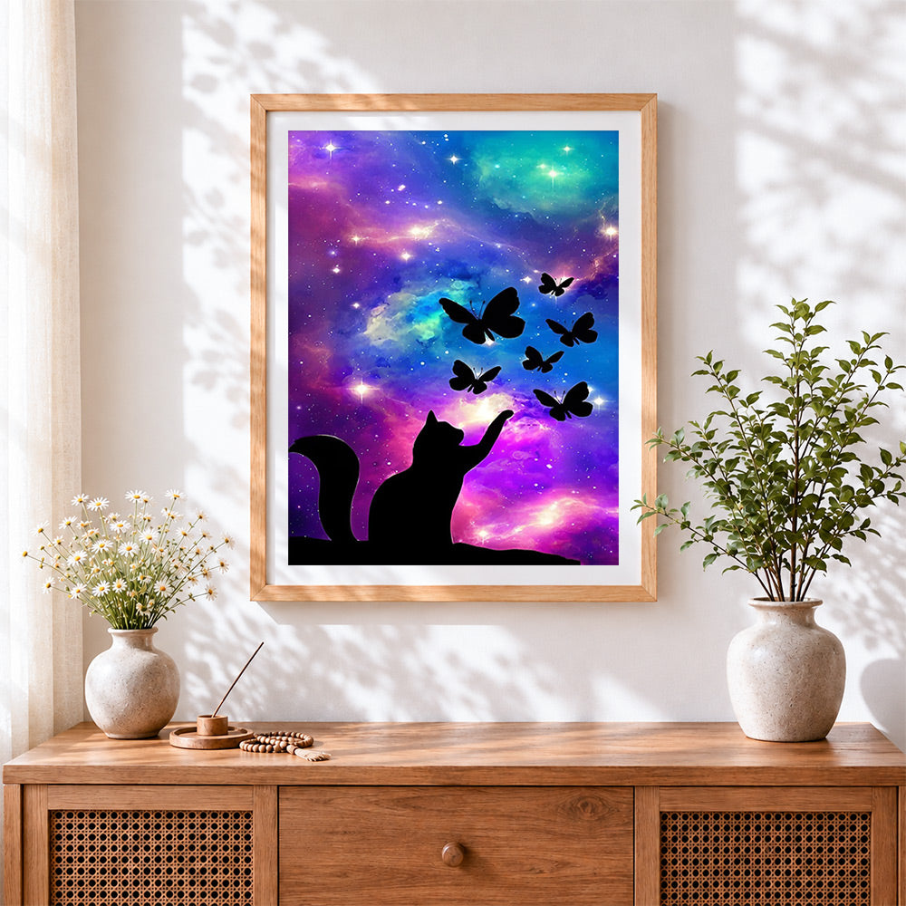 Finished cat and butterflies galaxy cross stitch artwork displayed