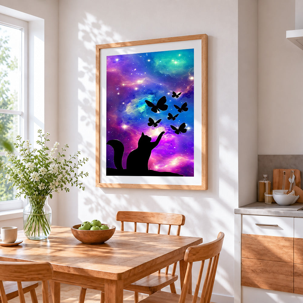 Cat and butterflies galaxy cross stitch artwork displayed on wall as home decor