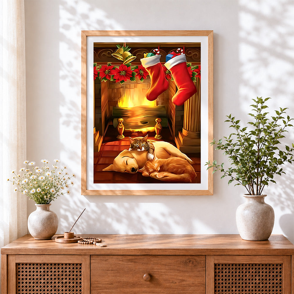Finished cat and dogs sleeping by the christmas fireplace cross stitch artwork displayed