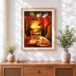 Finished cat and dogs sleeping by the christmas fireplace cross stitch artwork displayed