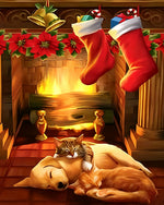 Cat and dogs sleeping by the christmas fireplace cross stitch kit for beginners