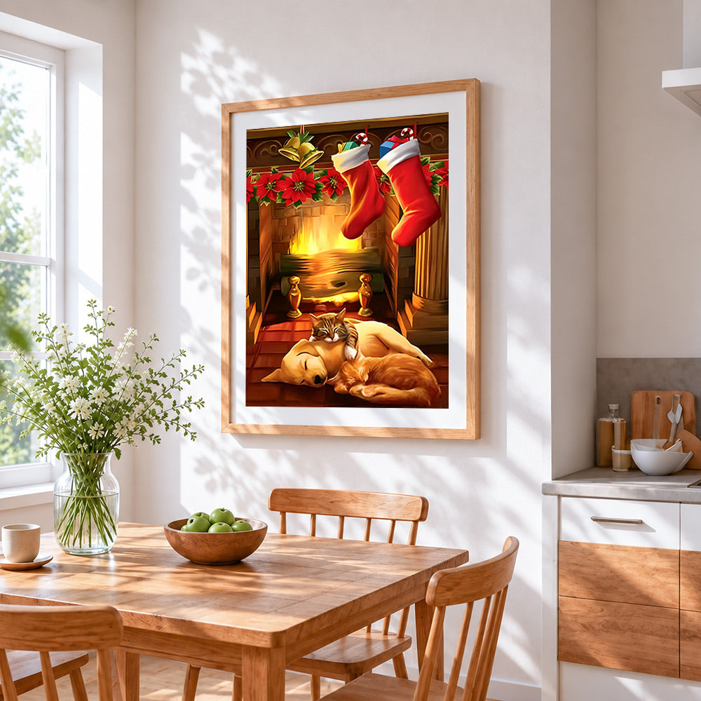 Cat and dogs sleeping by the christmas fireplace cross stitch artwork displayed on wall as home decor
