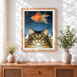 Finished cat and goldfish cross stitch artwork displayed