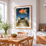 Cat and goldfish cross stitch artwork displayed on wall as home decor