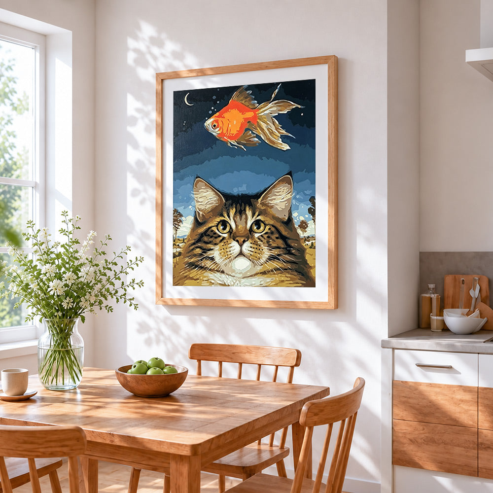 Cat and goldfish cross stitch artwork displayed on wall as home decor