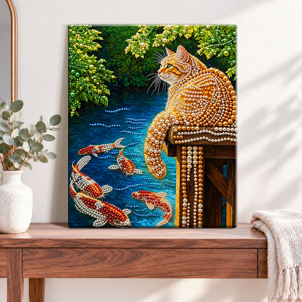Finished cat and koi pond pearl diamond painting artwork displayed as home decor