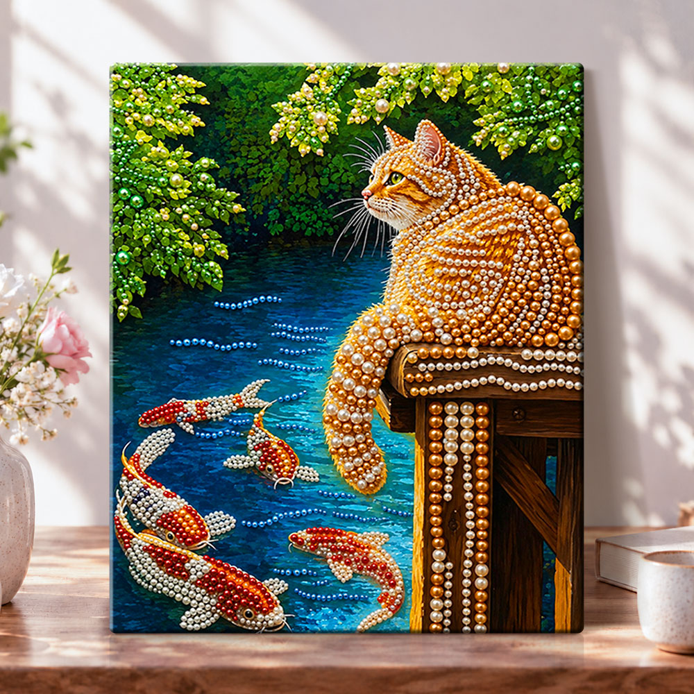 Cat and koi pond pearl diamond painting kit for beginners