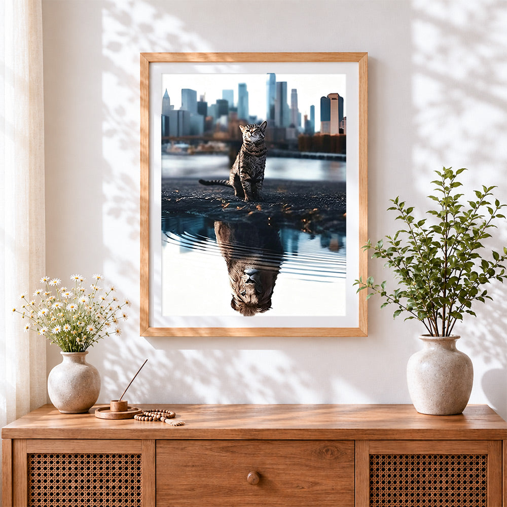 Finished cat and lion reflection cross stitch artwork displayed