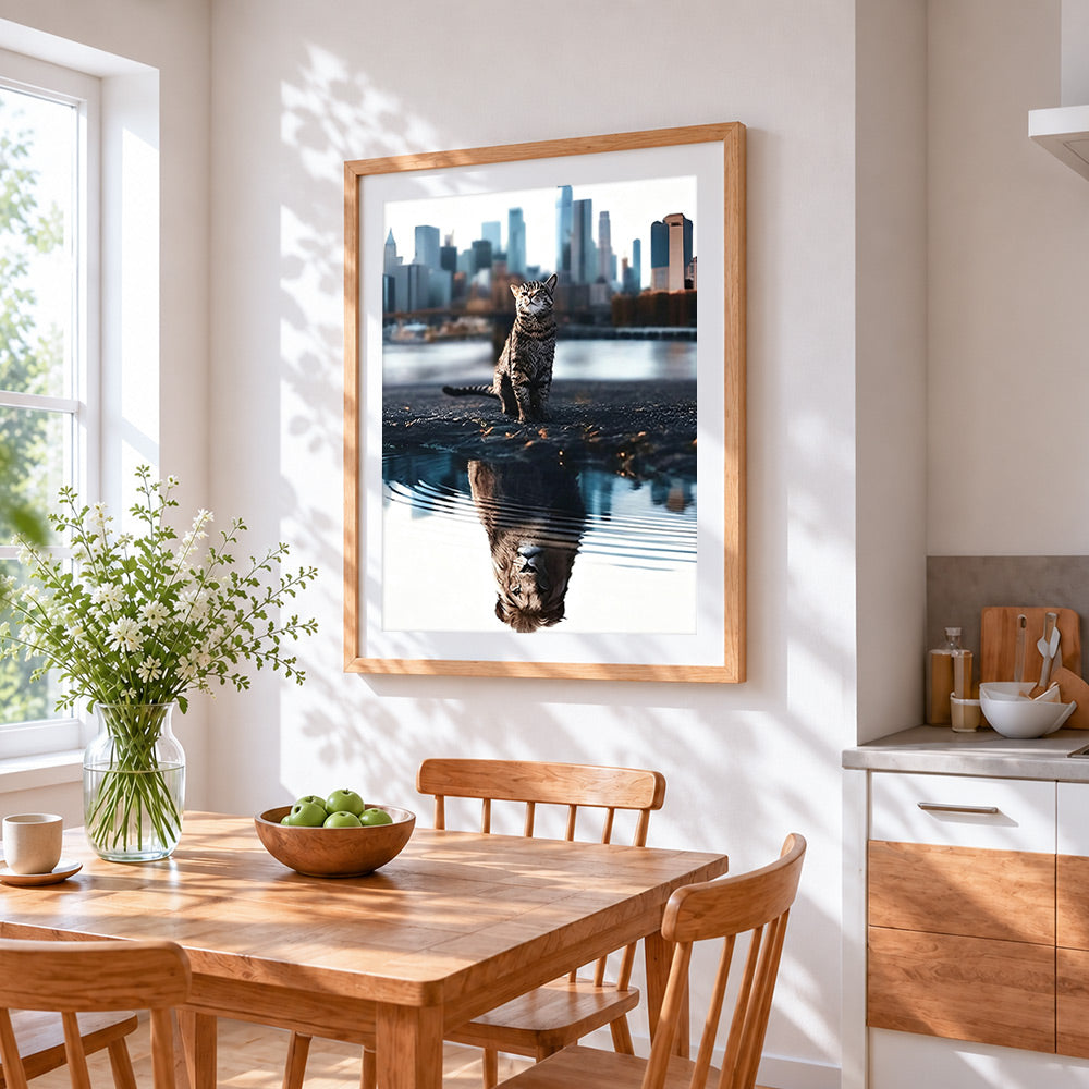 Cat and lion reflection cross stitch artwork displayed on wall as home decor
