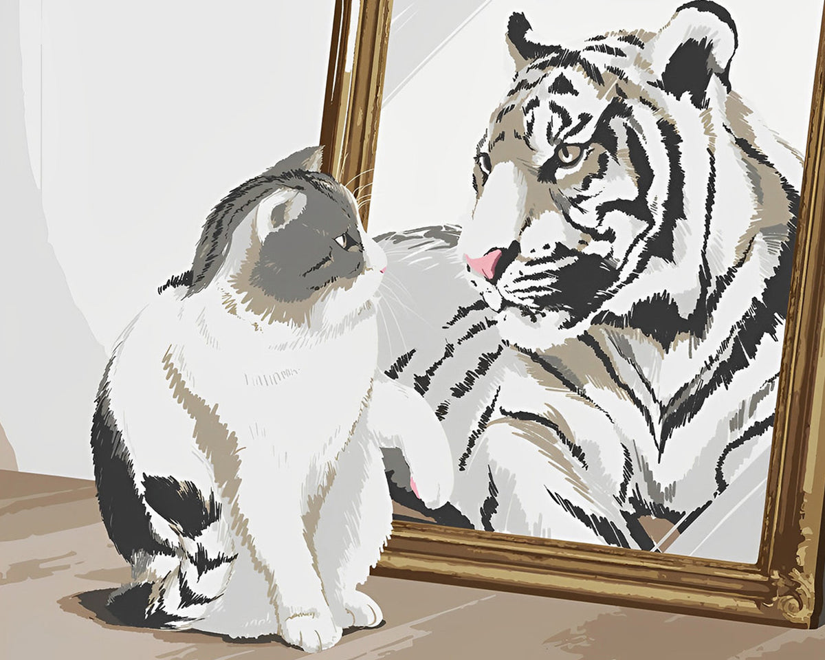 Cat and tiger in mirror paint by numbers kit for beginners