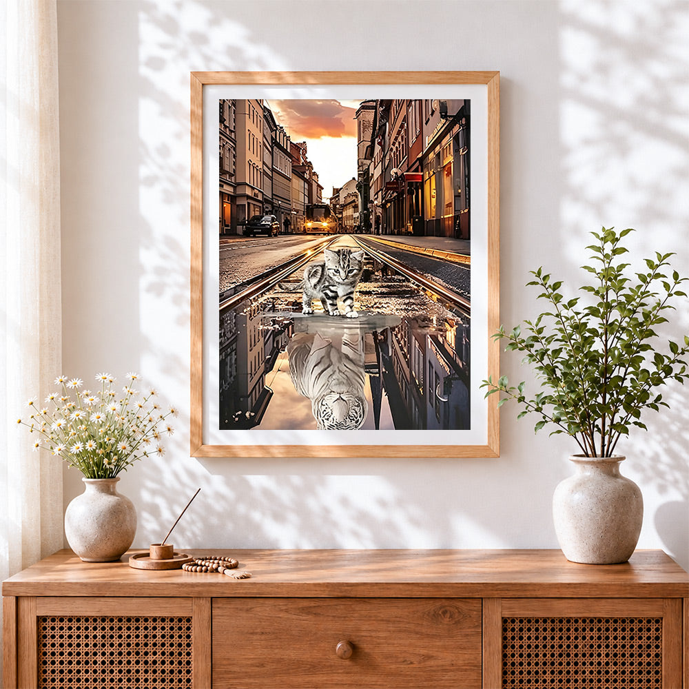 Finished cat and tiger reflection in city street cross stitch artwork displayed