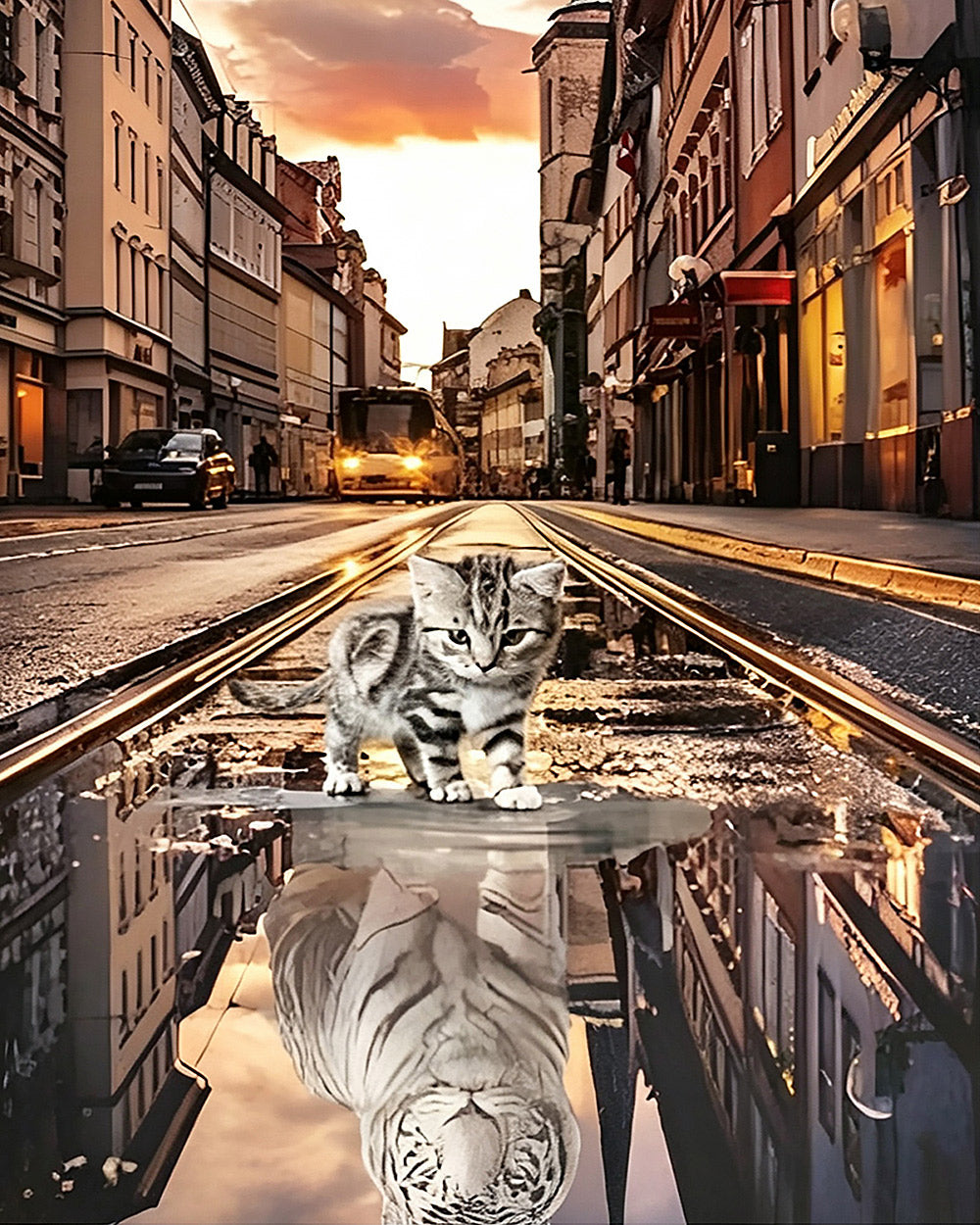 Cat and tiger reflection in city street cross stitch kit for beginners