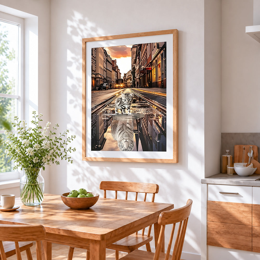 Cat and tiger reflection in city street cross stitch artwork displayed on wall as home decor