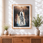 Finished cat and white tiger reflection cross stitch artwork displayed