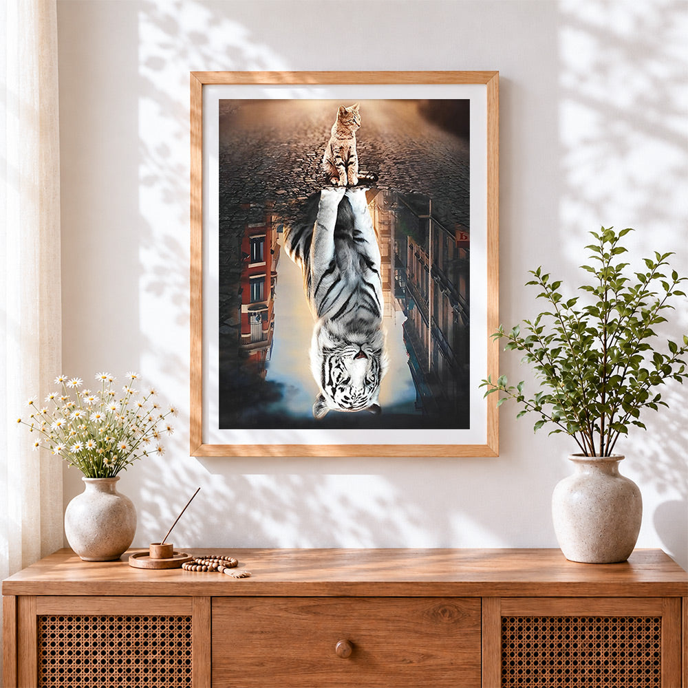 Finished cat and white tiger reflection cross stitch artwork displayed