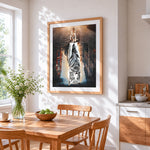 Cat and white tiger reflection cross stitch artwork displayed on wall as home decor