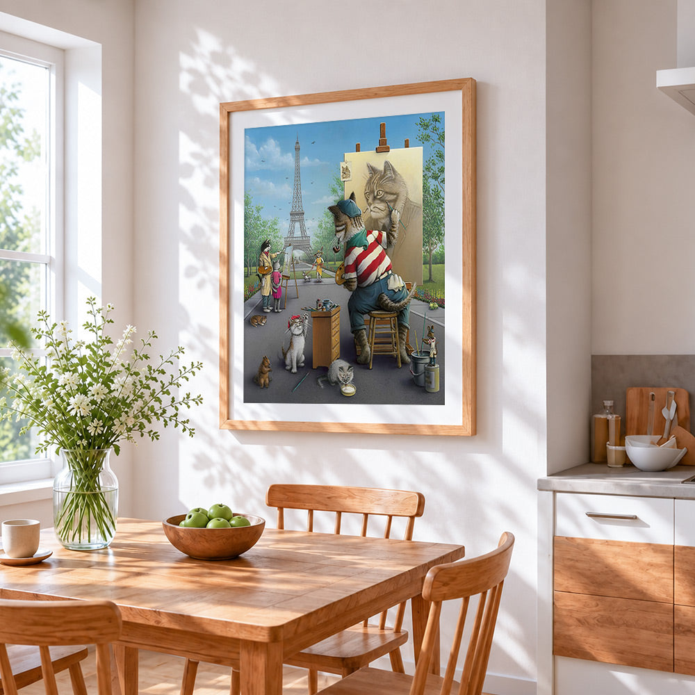 Cat artist in paris cross stitch artwork displayed on wall as home decor