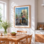 Cat artist in paris cross stitch artwork displayed on wall as home decor