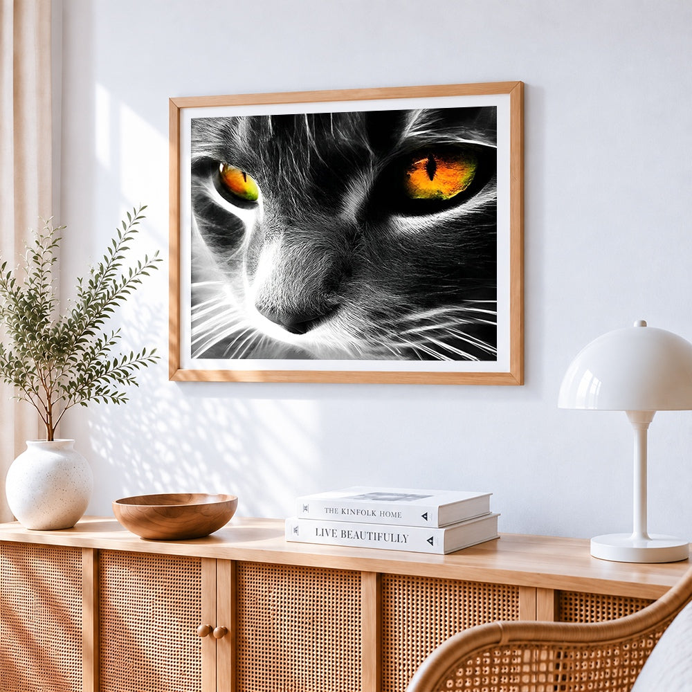 Cat eye close up paint by numbers artwork displayed on wall as home decor