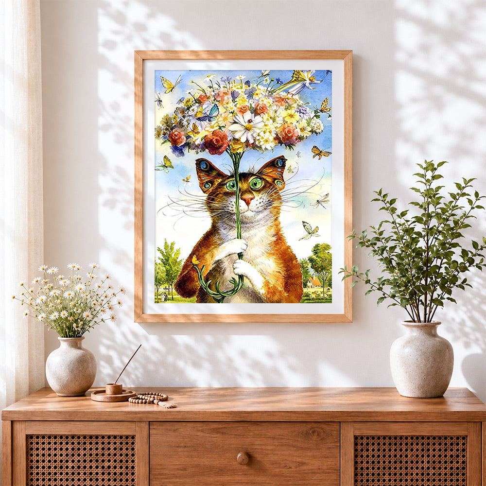 Finished cat holding a giant flower bouquet cross stitch artwork displayed