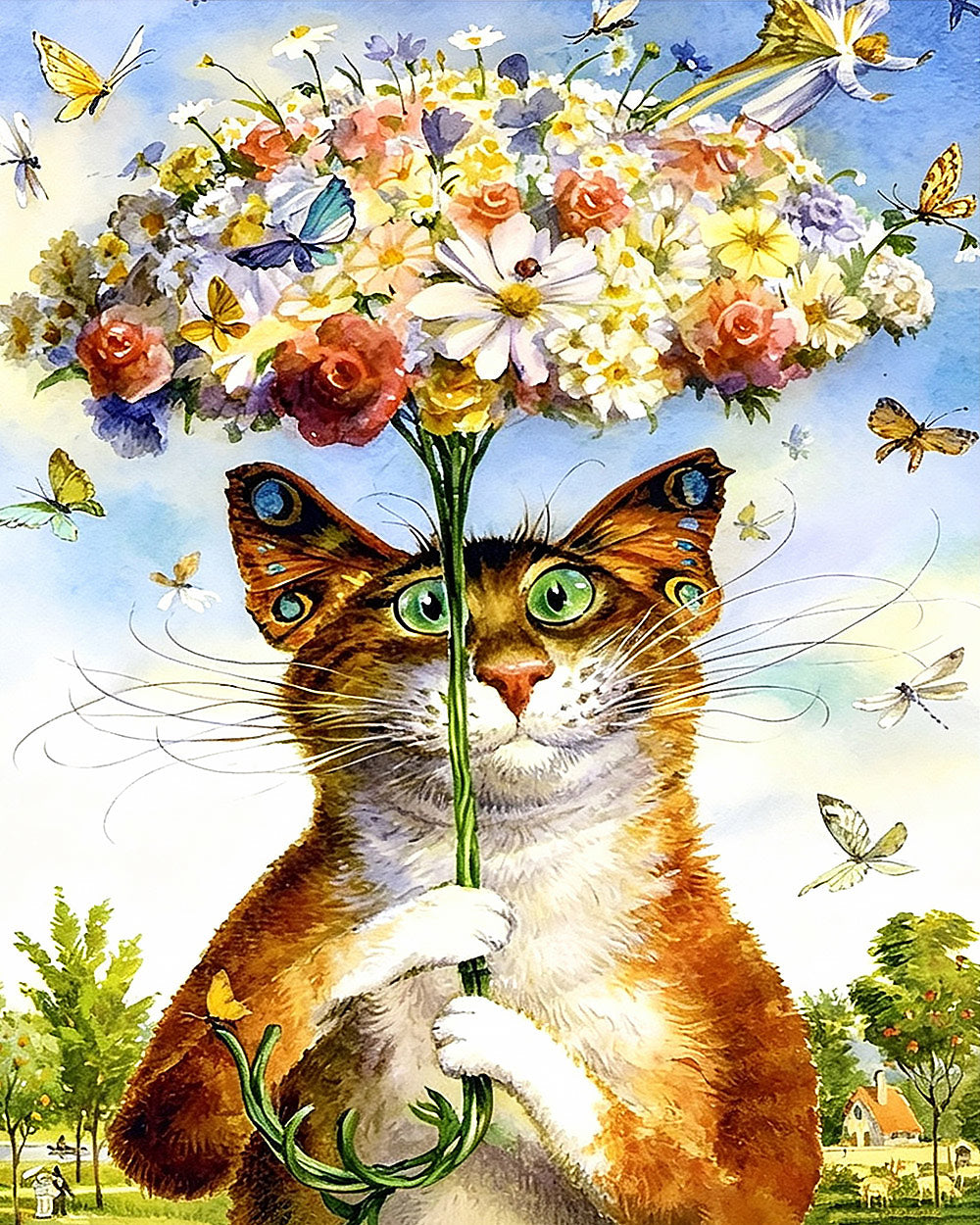 Cat holding a giant flower bouquet cross stitch kit for beginners