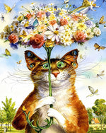 Cat holding a giant flower bouquet cross stitch kit for beginners