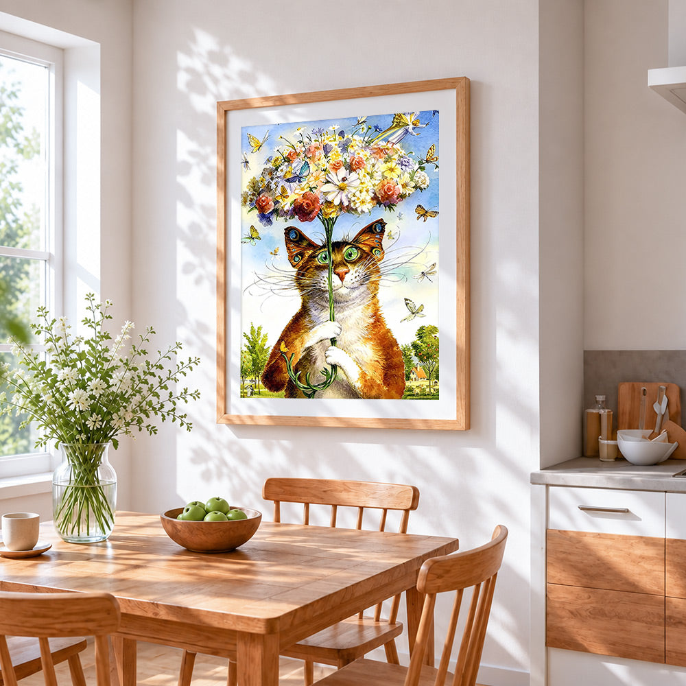 Cat holding a giant flower bouquet cross stitch artwork displayed on wall as home decor