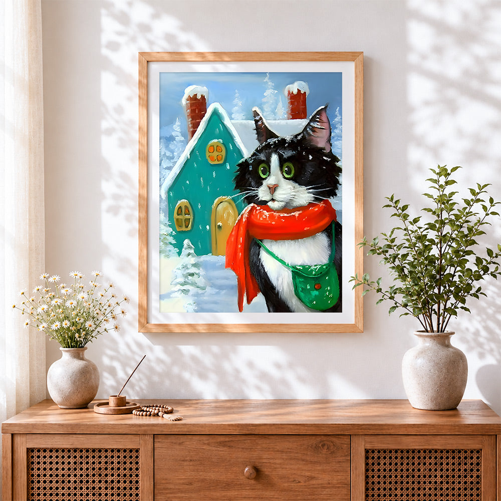 Finished cat in a red scarf cross stitch artwork displayed