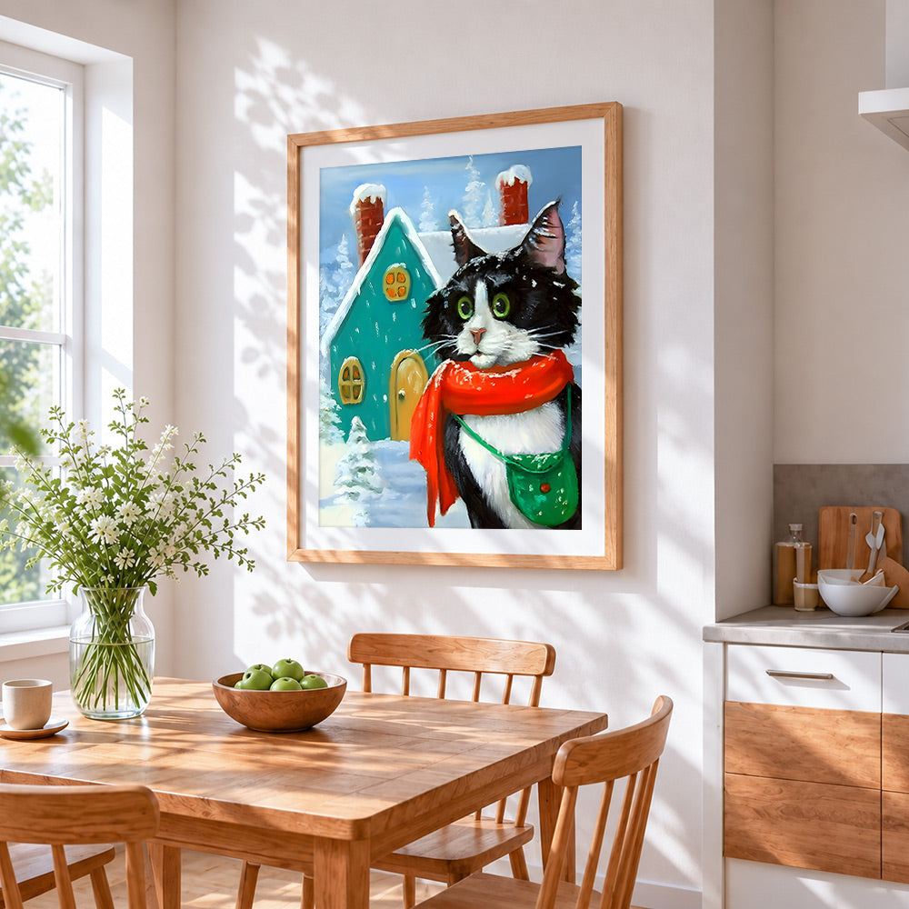 Cat in a red scarf cross stitch artwork displayed on wall as home decor